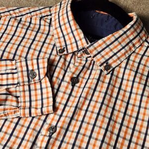 Marc Ecko Button Down Shirt Mens Medium Orange Navy  Plaid Excellent Long Slv